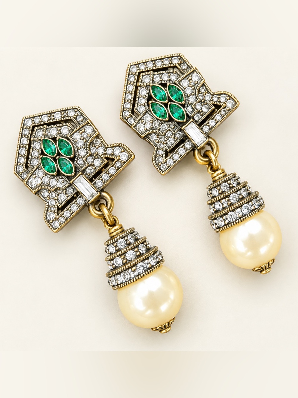 Heidi Daus Art Deco-Inspired Pearl and Crystal earrings.